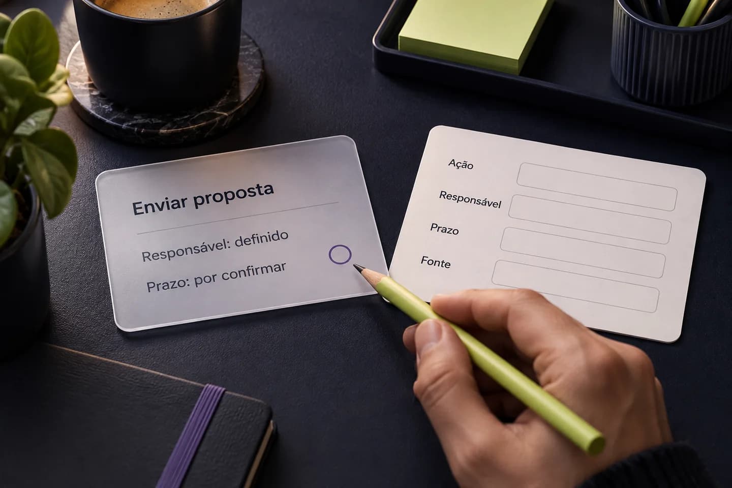 Revisão de uma tarefa com responsável definido e prazo por confirmar, junto a um modelo com ação, responsável, prazo e fonte.