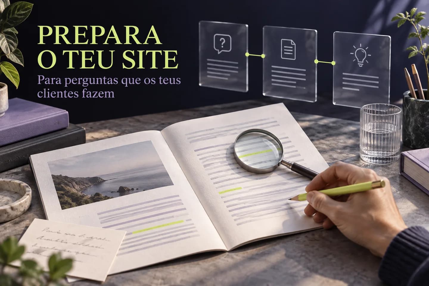 Prepara o teu site para perguntas que os teus clientes fazem: revisão editorial de uma página com fontes.