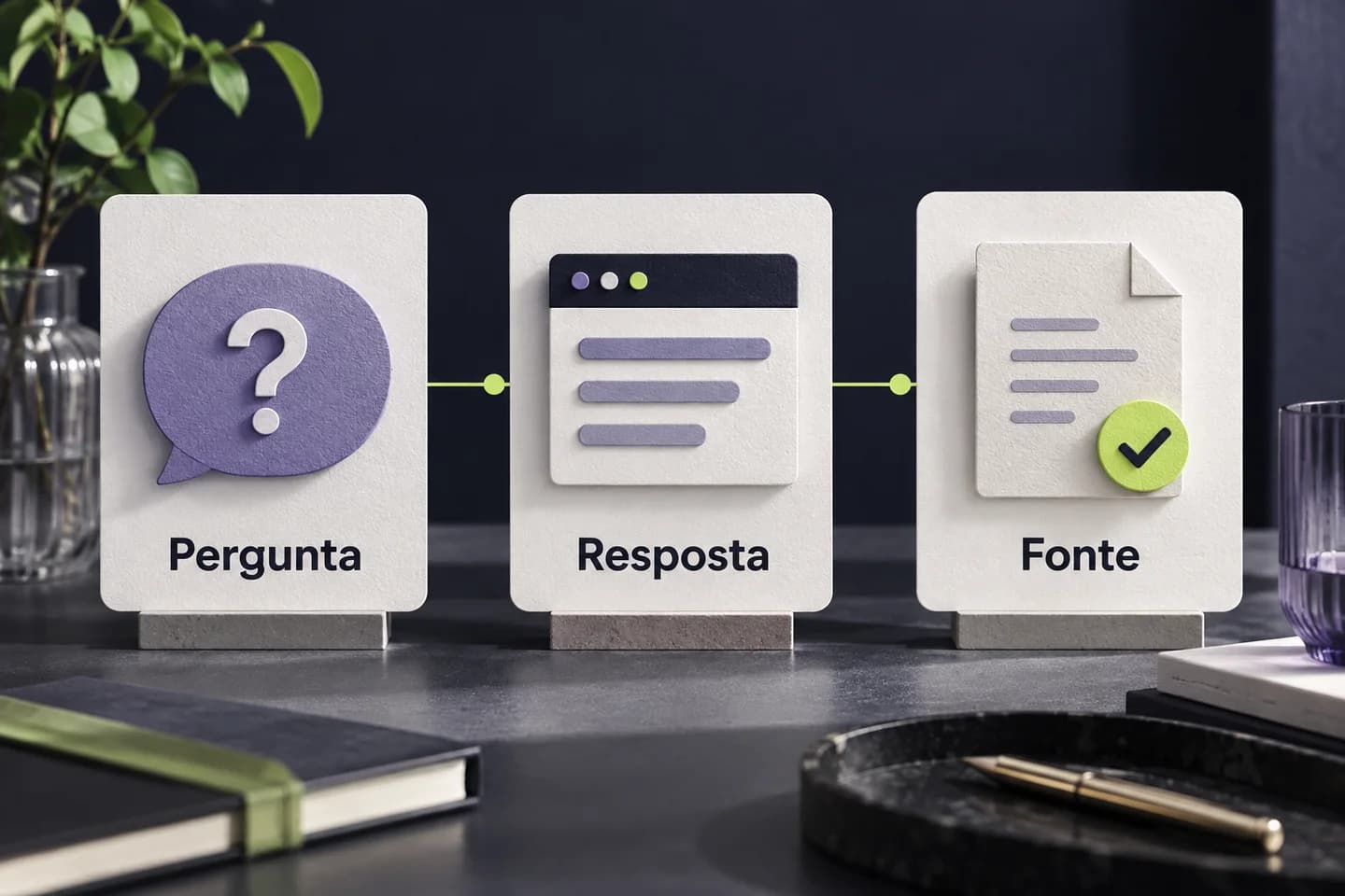 Ligação entre uma pergunta do cliente, uma resposta organizada e uma fonte que permite verificar a informação.