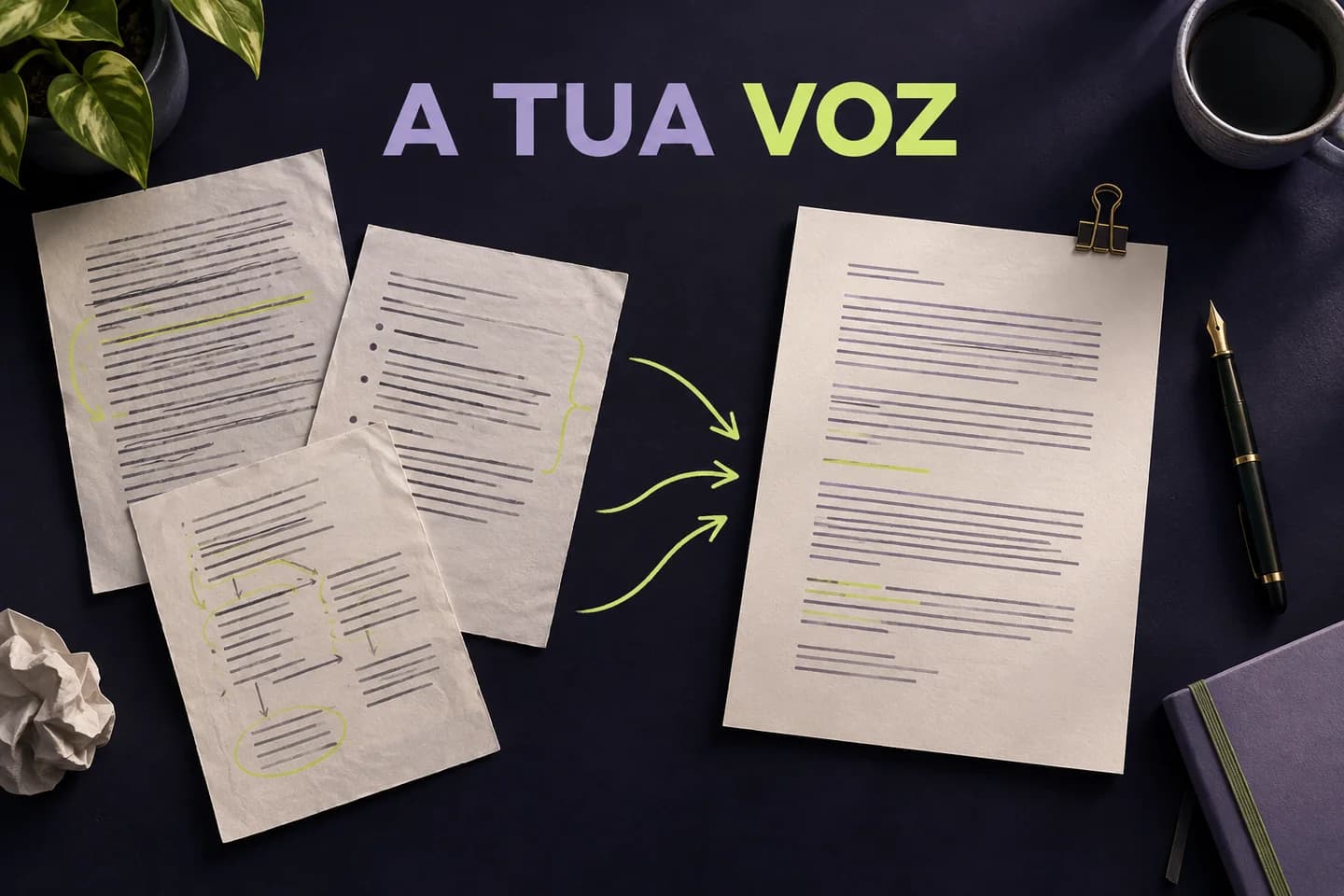 Ilustração gerada por IA: referências de escrita anotadas dão origem a um texto com voz própria.