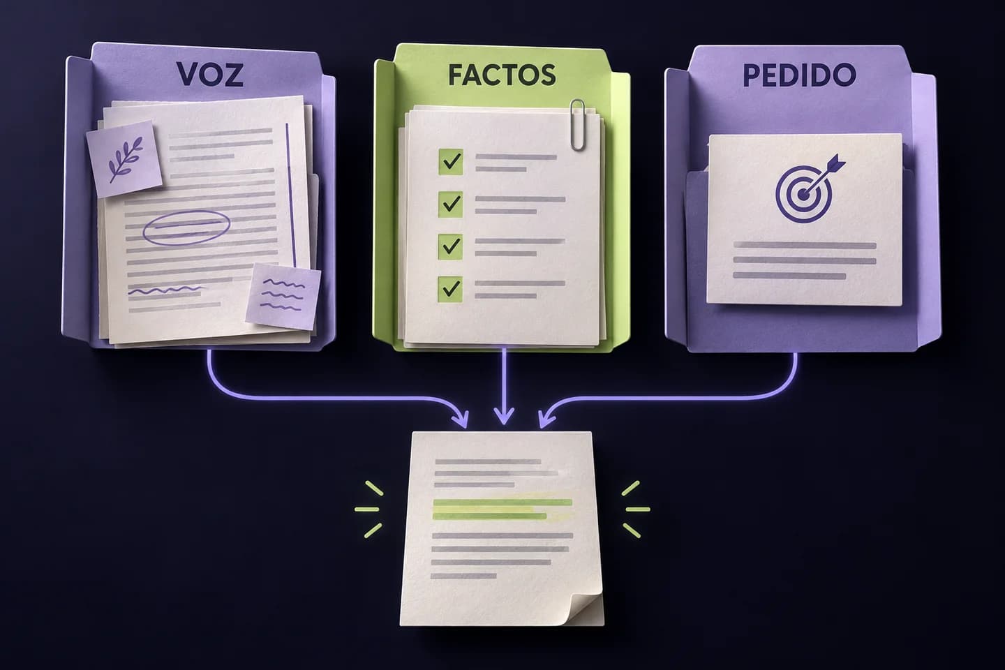 Ilustração gerada por IA: três pastas distintas para voz, factos e pedido, ligadas a um texto em revisão.