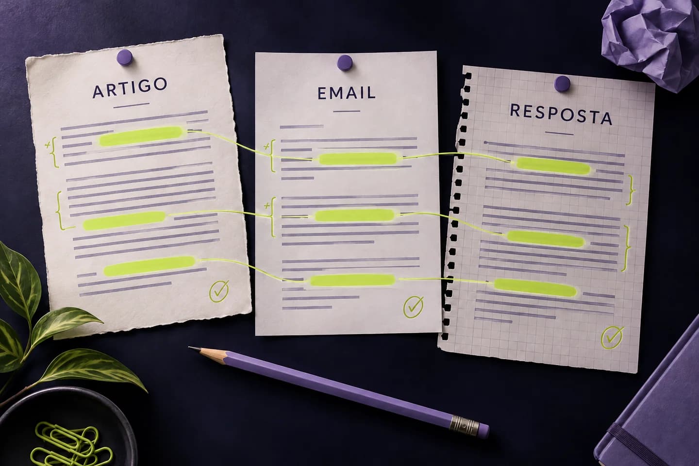 Ilustração gerada por IA: revisão de três formatos, artigo, email e resposta, com anotações editoriais consistentes.